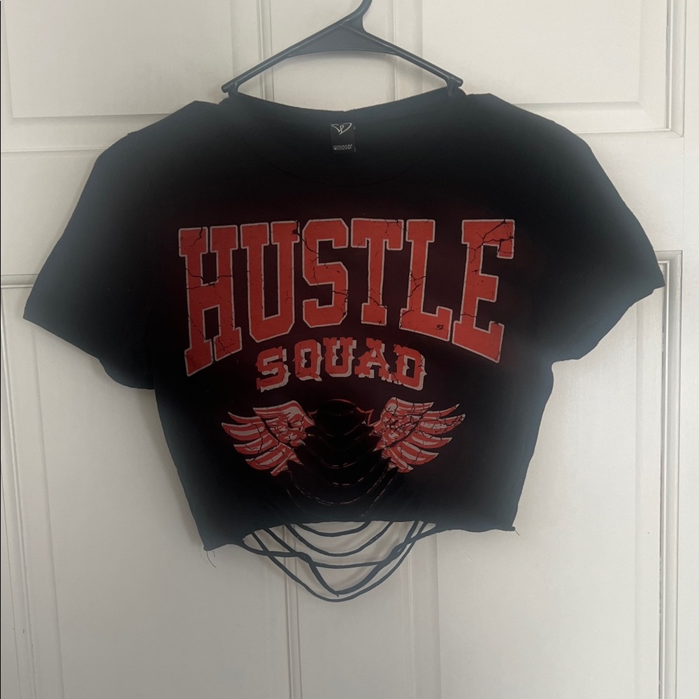 Hustle Squad Black Crop Tee with Red Graphic